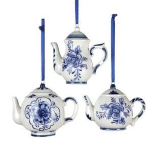 Kurt Adler 3 Delft Teapot 2" hanging ornaments-blue-white-flowers-china-NEW